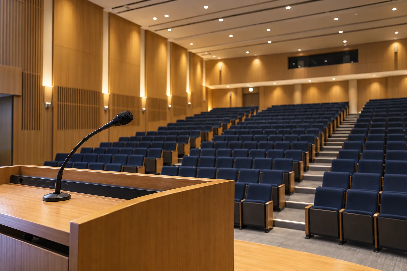 講演台のマイクと客席を見渡す学会会場のイメージ