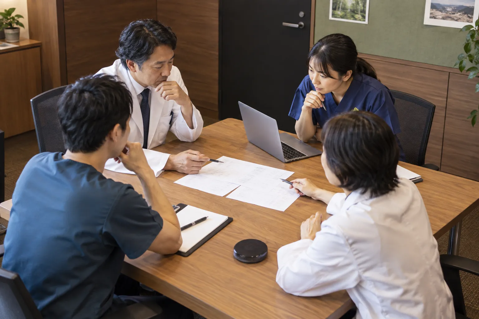 木目の会議室で医師と看護師が資料を囲んで話すイメージ
